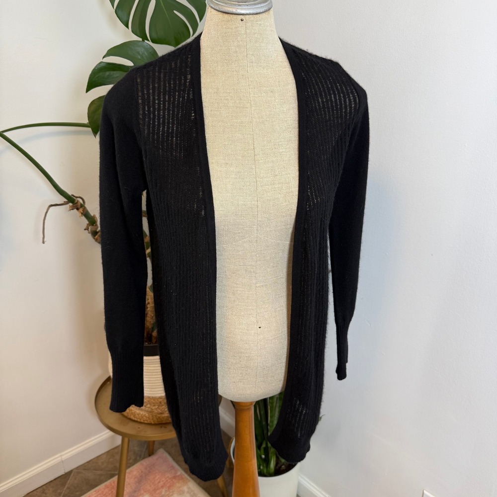 Max Studio‎ Cardigan Women Small Black 100% Cashmere Open Front Sheer Back Knit